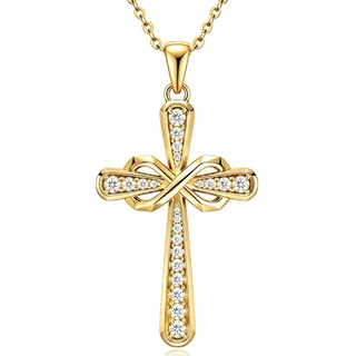 Photo of 14K Gold Over Sterling Silver Moissanite Cross Necklace 16-18in