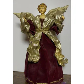 Photo of Vintage Angel Tree Topper Burgundy Velvet Gold Lame Wings Non-Electric