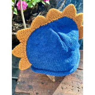 Photo of Hand Knit Childrens Dinosaur Dragon Hat Blue Brown 16 Inch