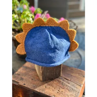 Photo of Hand Knit Childrens Dinosaur Dragon Hat Blue Brown 16 Inch