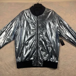 Photo of Sean John Metallic Blue Bomber Jacket Mens XL NWT Shiny Iridescent Flight Coat