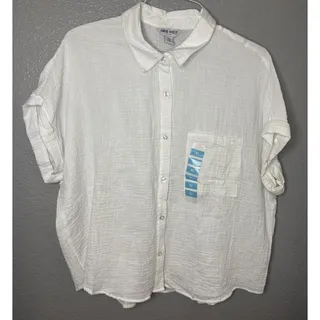 Photo of Nine West White Short Sleeve Double Gauze Button Up XL 100% Cotton Roll Tab NWT
