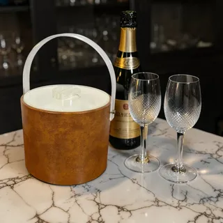 Photo of Georges Briard VTG Brown Faux Leather White Lined Ice Bucket Plastic Handle READ
