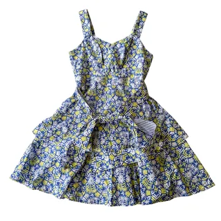 Photo of Vineyard Vines Pop Tile Otomi Fit & Flare Dress Size 2 Blue Yellow