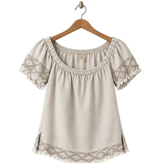 Photo of Anthropologie Cloth & Stone Ivory Peasant Blouse Fringe Trim EUC XS
