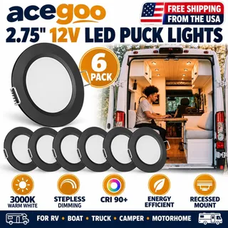 Photo of acegoo 12V LED RV Puck Lights 6 Pack 2.75" Dimmable 3000K Recessed Ceiling Black