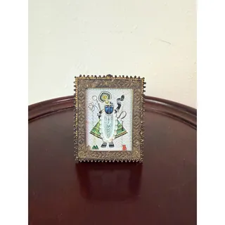 Photo of Vintage Indian Shrinathji Krishna Miniature Devotional Art Ornate Metal Easel Fr