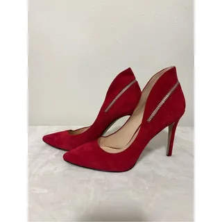 Photo of Nine West Red Suede Pointed Toe Stiletto Pumps with Zipper Detail