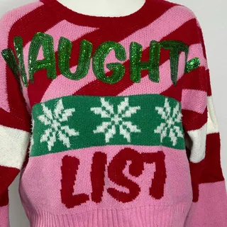 Photo of 33 Degrees Naughty List Christmas Sweater Sm Pink Red Sequin Cropped Snowflake