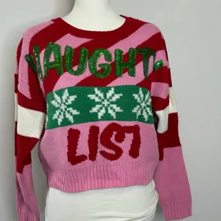 Photo of 33 Degrees Naughty List Christmas Sweater Sm Pink Red Sequin Cropped Snowflake