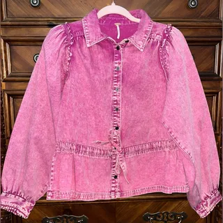 Photo of NWOT! Free People Acid Wash Denim Puff Sleeve You're All Mine Jacket 21” P2P