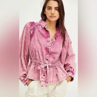 Photo of NWOT! Free People Acid Wash Denim Puff Sleeve You're All Mine Jacket 21” P2P