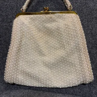 Photo of Vintage Ivory White Beaded Evening Bag Gold Frame Kiss Lock Clutch Bridal Purse