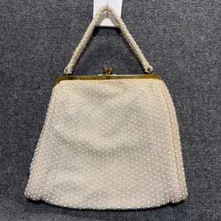 Photo of Vintage Ivory White Beaded Evening Bag Gold Frame Kiss Lock Clutch Bridal Purse