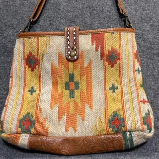 Photo of Myra Bag Southwest Aztec Canvas Tooled Leather Crossbody Purse Boho Western