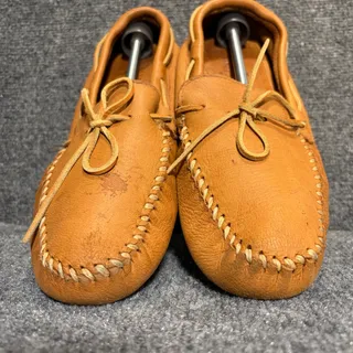 Photo of Minnetonka Camel Tan Leather Soft Sole Moccasins Slip On Driving Shoes Mens 11