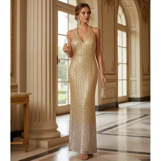 Photo of Adrianna Papell Gold‑to‑Silver Sequin Halter Gown – Size 8 – NWT