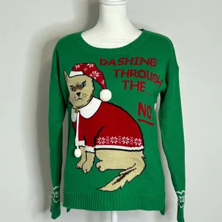 Photo of Blizzard Bay Cat Ugly Christmas Sweater Small Green Dashing Through the No
