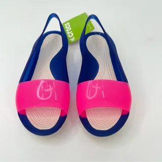 Photo of Crocs Cerulean colorblock pink blue slingback peep toe sandals shoes size 5 NEW