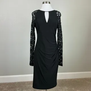 Photo of Betsy & Adam Black Cocktail Dress Sequined Lace Long Sleeve Mid Sheath Size 6
