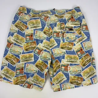 Photo of Tommy Bahama Relax Swim Trunks M Medium Blue Postcard Print Board Shorts Lined