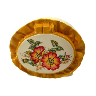 Photo of Vintage MCM floral needlepoint napkin holder 1970s gold red floral poppy