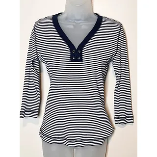 Photo of LAUREN RALPH LAUREN Thermal Striped Lace Up Top S Navy White Nautical Preppy