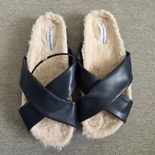 Photo of NWOT RM by Rebecca Minkoff navy faux fur slide sandals sz 8