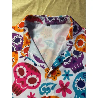 Photo of Sugar Skull Shirt Men L Multicolor Day of the Dead Long Sleeve Button Up