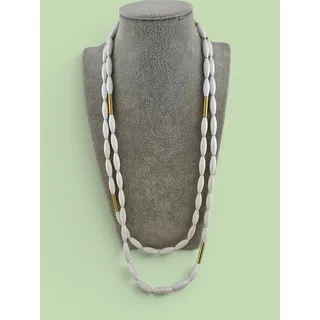 Photo of Vintage Monet White Bead Long Necklace Gold Tone Stations Signed