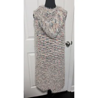Photo of Solitaire Open Front Long Knit Vest Duster Confetti Faux Fur Fuzzy Medium