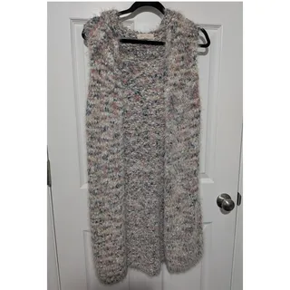 Photo of Solitaire Open Front Long Knit Vest Duster Confetti Faux Fur Fuzzy Medium