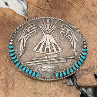 Photo of 1970s A BEGAY SR Navajo Sterling & Turquoise Trophy Belt Buckle Peyote Birds