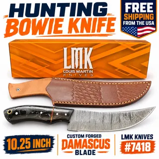 Photo of LMK 7418 Hunting Bowie Knife 10.25" Custom Forged Damascus Blade Leather Sheath