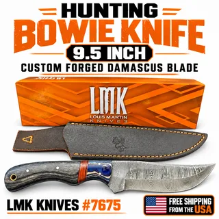 Photo of LMK 7675 Damascus Bowie Hunting Knife 9.5" Custom Forged Fixed Blade With Sheath
