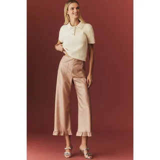 Photo of NWT Anthropologie The Colette Crop Metallic Faux Leather Ruffle-Hem Pants SZ 32 