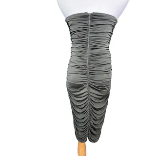 Photo of VTG MNG Suit Strapless Ruched Bodycon Midi Dress Olive Green Size M Back Zip