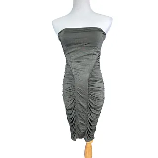 Photo of VTG MNG Suit Strapless Ruched Bodycon Midi Dress Olive Green Size M Back Zip