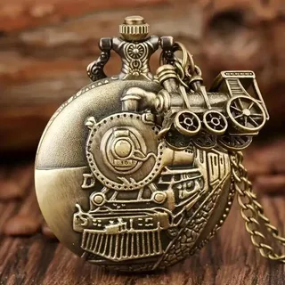 Photo of Locomotive Steam Train Classic Bronze Quartz Pocket Watch • With Mini Train Fob