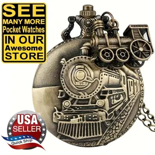 Photo of Locomotive Steam Train Classic Bronze Quartz Pocket Watch • With Mini Train Fob