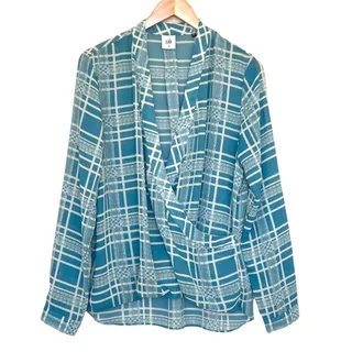 Photo of CAbi blouse women's M windowpane plaid faux wrap long sleeve top blue 