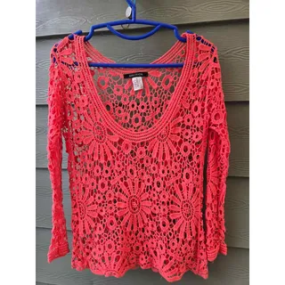 Photo of Solution Coral Crochet Long Sleeve Top Size S
