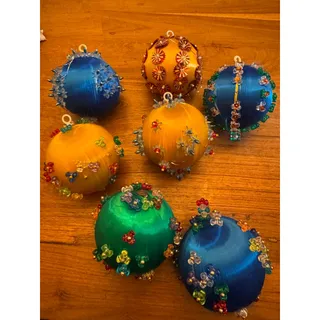 Photo of Set of 7 vintage satin pushpin sequin globe ornaments 