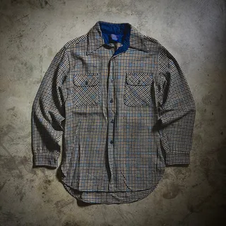 Photo of 60s 70s Pendleton Houndstooth Wool Shirt Blue Brown Button Up M