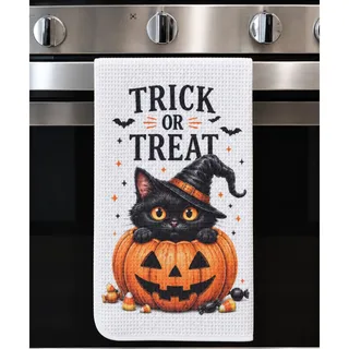 Photo of Trick or Treat Halloween Kitchen Towel Black Cat Pumpkin Farmhouse Decor