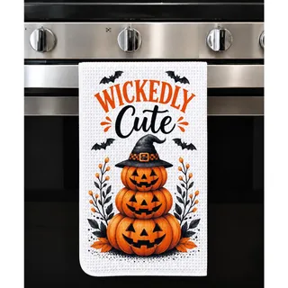Photo of Wickedly Cute Halloween Kitchen Towel Pumpkin Jack O Lantern Decor