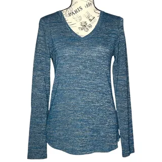 Photo of BCG (M) Blue Heather Athleisure V‑Neck Long Sleeve Pullover Tee Top Round Hem