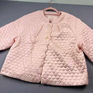 Photo of Vintage Barbizon Bed Jacket | Medium Light Pink Satin Quilted Puff Shawl Collar | 3 Button Scalloped Trim 3/4 Sleeve Top