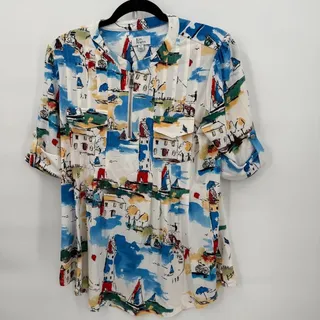 Photo of Kim Rogers Women's S Nautical Coastal Print Top Sailboat Lighthouse Zip Pullover