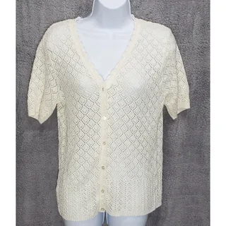 Photo of Vintage Southern Lady Cream Crochet Knit Button-Up Sweater Scalloped USA M Top